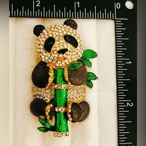 Panda Bear Brooch Pin Green Enamel Bamboo Gold Tone Rhinestone